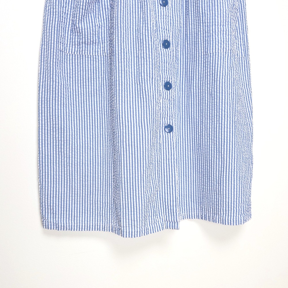 Vermont Country Store Cotton Seersucker Dress Blue White Stripe Button Front L - Picture 6 of 10